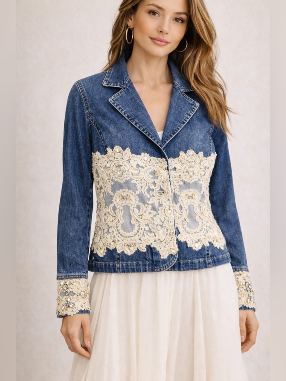 Berek 2 Denim Jacket PM Lace Rhinestone Embellished Bridal Romantic Statement